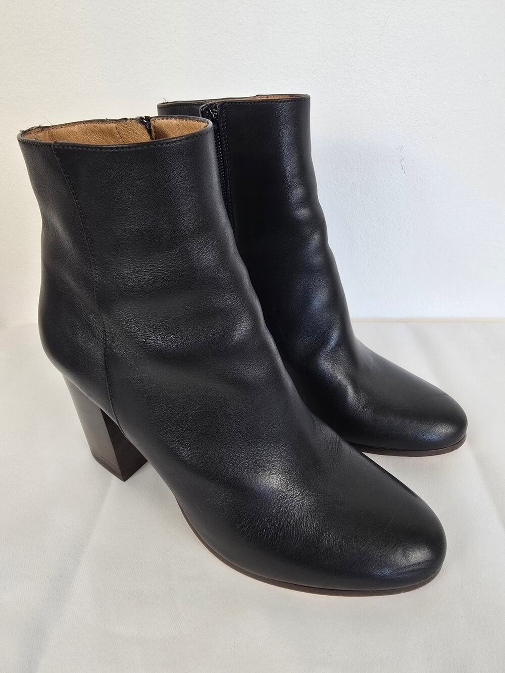 Maje Black Leather Ankle Booties Block Heel Minimal Size 36 US 6